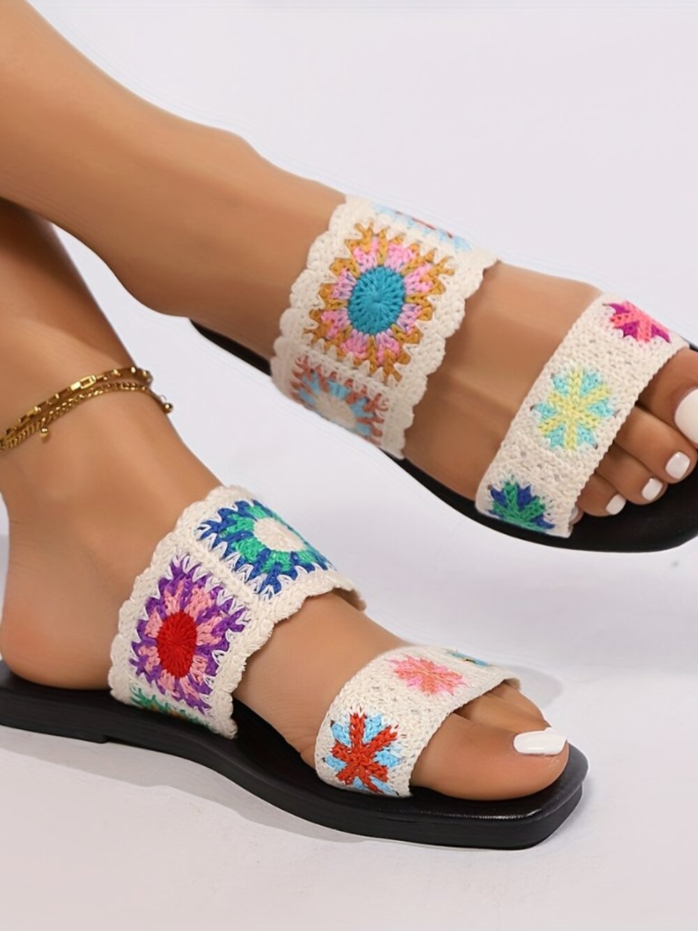 Unbranded Lace Crochet Embroidered Granny Square Bohemian Sandals Sz 8 NEW White